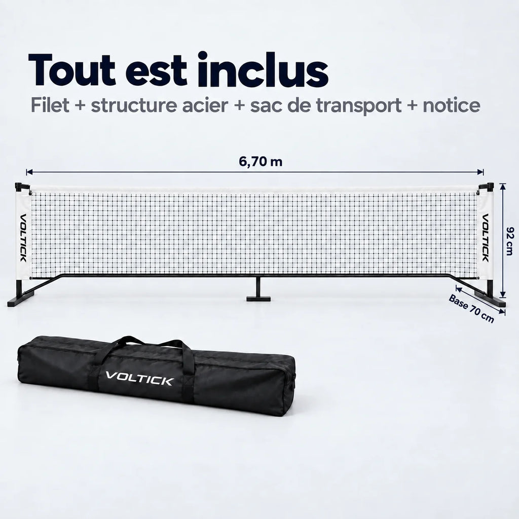 Dimensions du filet de pickleball portable Voltick (6,70 m) : filet, structure acier, sac et notice inclus