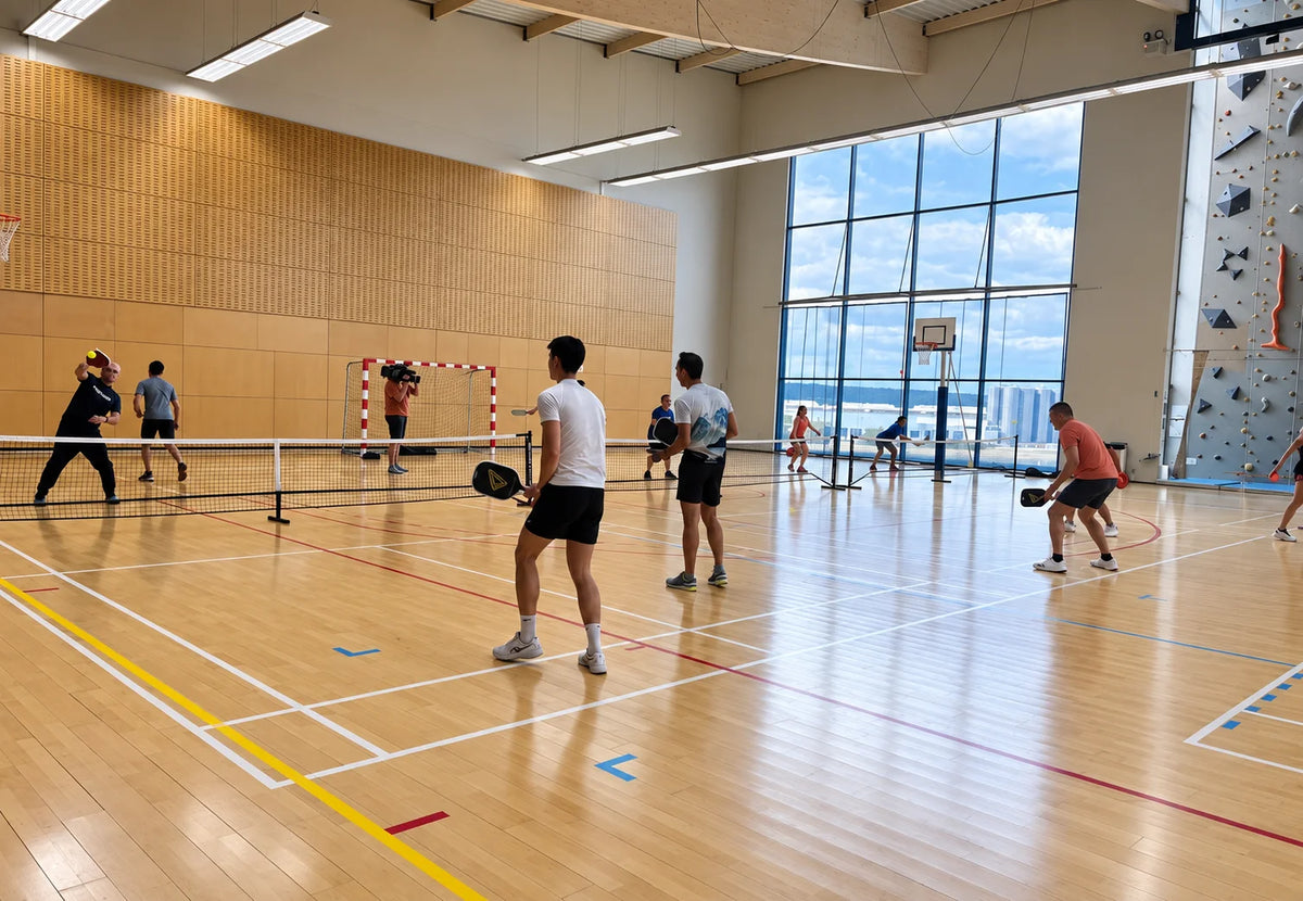 Joueurs de pickleball en club dans un gymnase lumineux